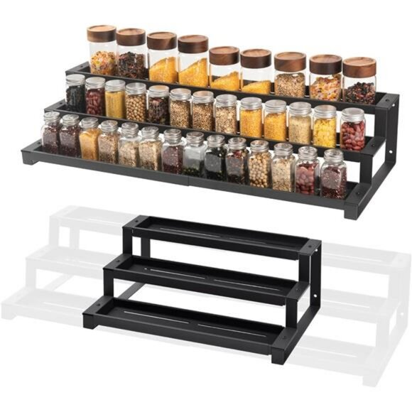 expandable spice rack organizer 3 tier metal cabinet pantry shelf seasoning hold - Picture 1 of 7
